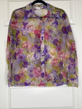 70s Vintage Sheer Floral Button-Up Blouse in Purple, Pink & Green